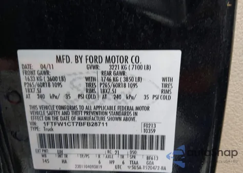 2011 Ford F-150 Lariat z USA, uszkodzony, nr VIN 1FTFW1CT7BFB28711